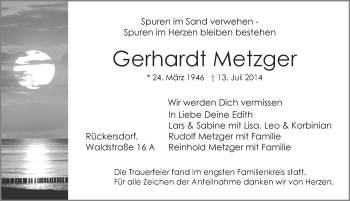 Traueranzeige von Gerhardt Metzger von Pegnitz-Zeitung